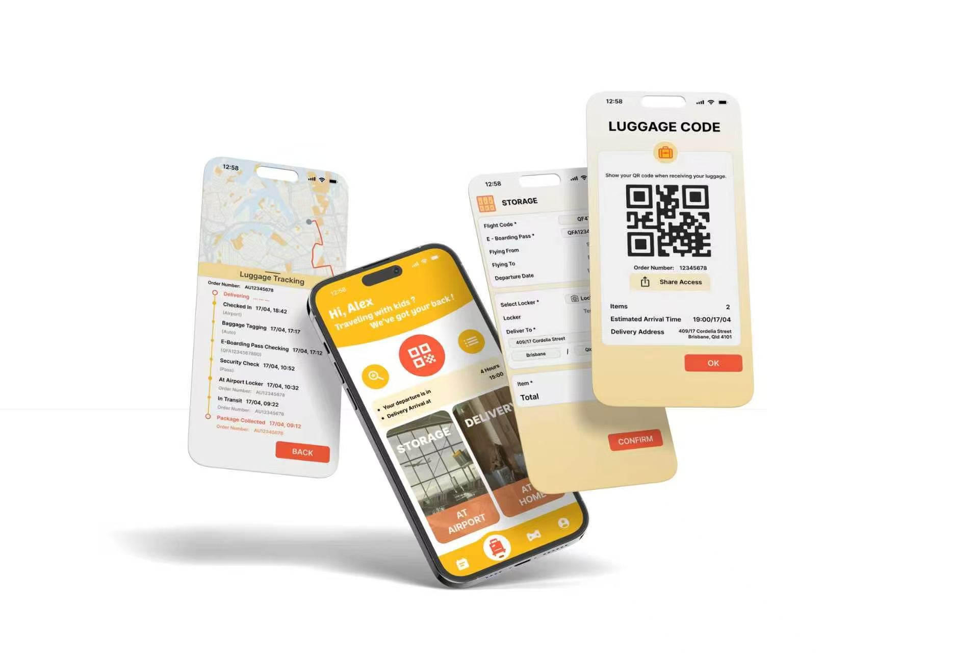 LuggEase Tracking、Landing、Storage 与 QR Code 界面组合展示